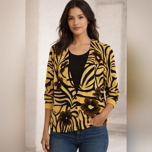 Cathy Daniels Women's Cardigan Size L Yellow Black Floral Zebra Print